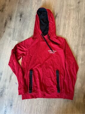 American Eagle Outfitters Red Hooded Pullover with Black Accents